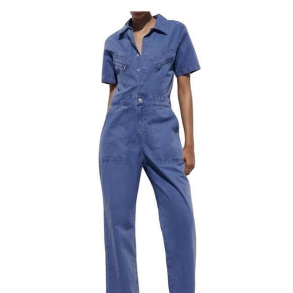 Zara Pants - Zara Blue Short Sleeve Utility Jumpsuit Wide Leg Boiler Suit 8197/010/400 Mens M